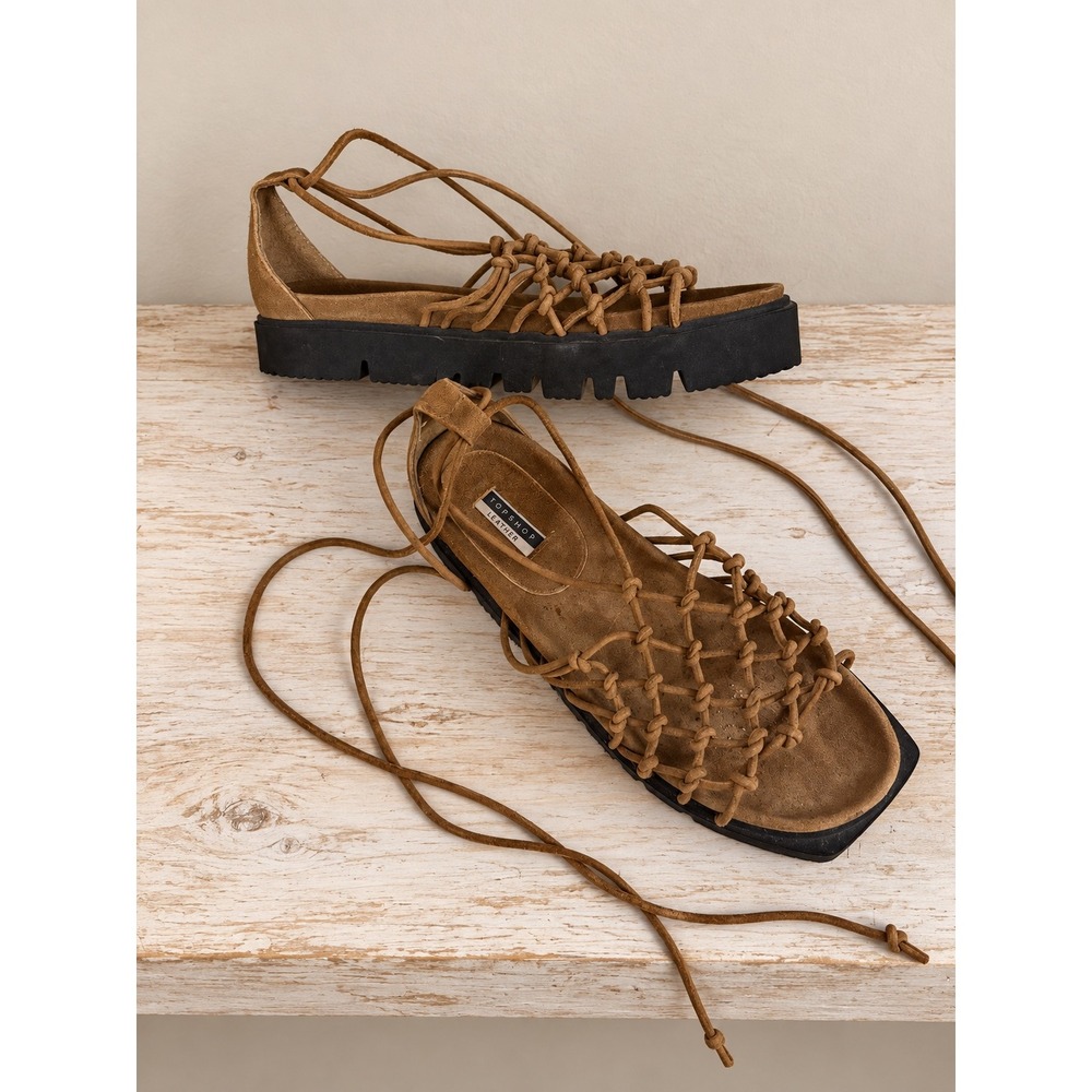 Topshop Brown Suede Lace-Up Knotted Platform Sandals